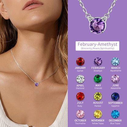 Cute Cat Necklace Sterling Silver Birthstone Pendant Necklace for Women Dainty Jewelry Valentines Day Gifts for Cat Lovers Wife Sister Mom