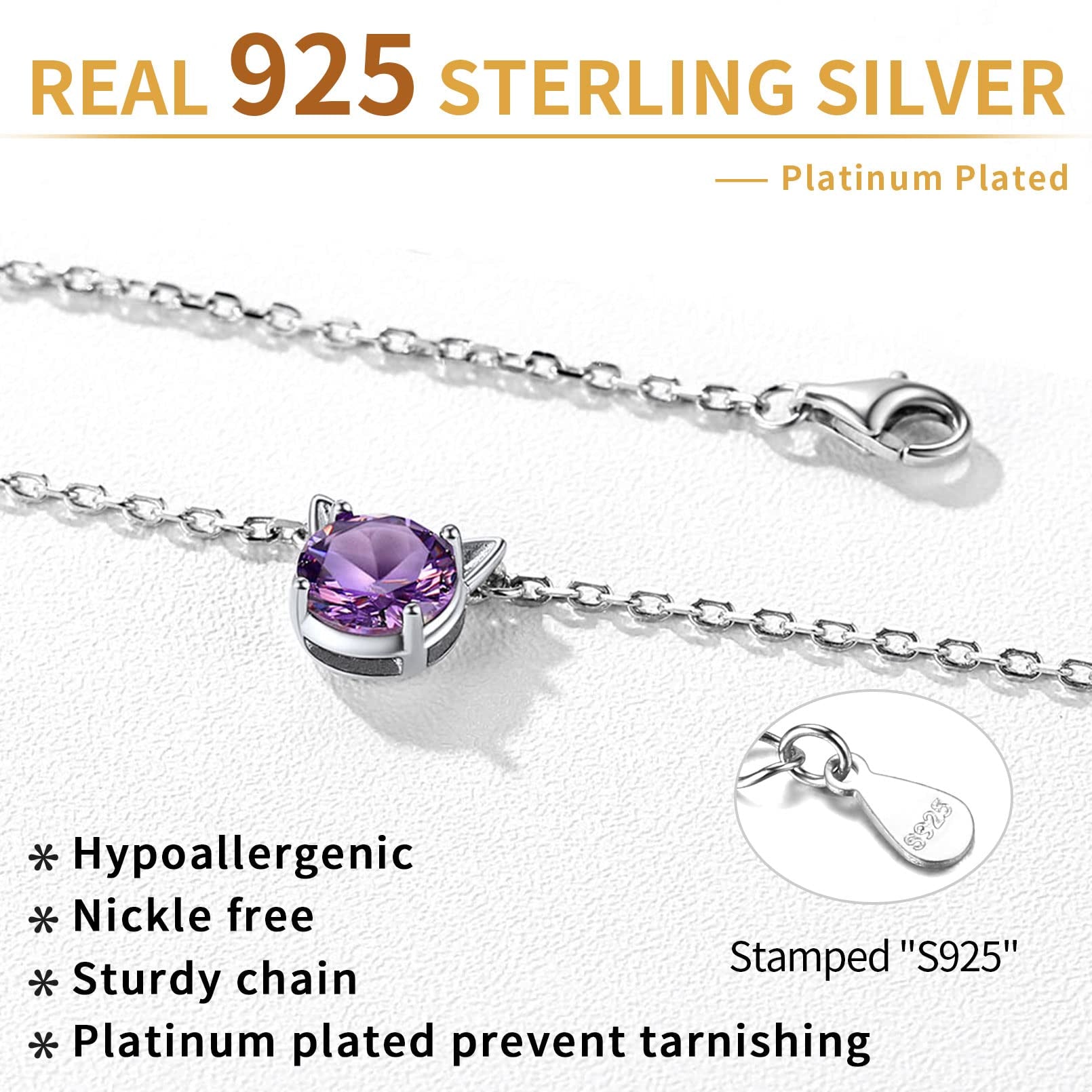 Cute Cat Necklace Sterling Silver Birthstone Pendant Necklace for Women Dainty Jewelry Valentines Day Gifts for Cat Lovers Wife Sister Mom